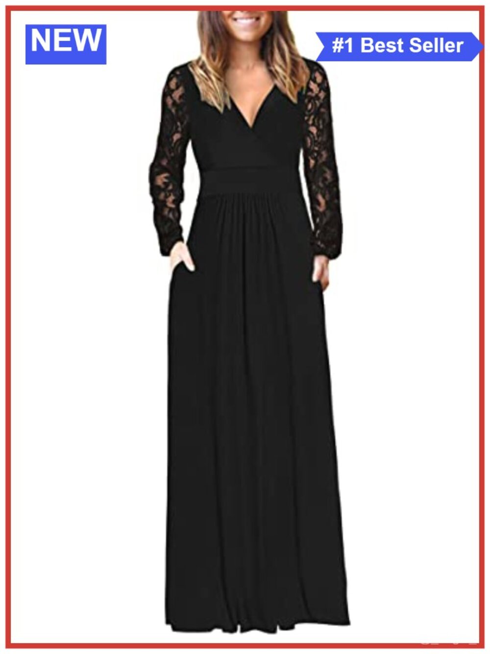 Women's Lace Long Sleeve Maxi Dress V-Neck Wrap Formal Party